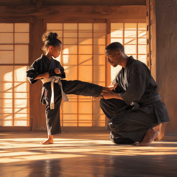 Young girl kicking while her instructor watches